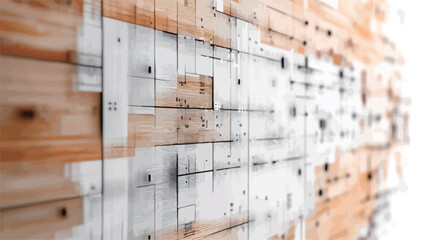Close-up shot of a wall composed of various light-colored wooden planks of varying widths and lengths.  The planks appear to be arranged in a somewhat layered or overlapping manner, creating a