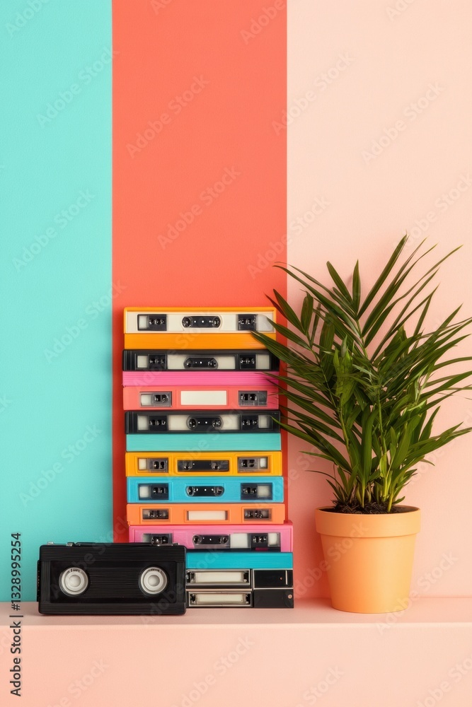 Poster nostalgic tech revival vibrant retro audio cassette collection with modern minimalist design - mille