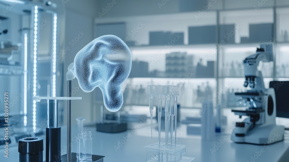 Poster a futuristic laboratory where scientists use bioprinting technology to create a realistic 3d artific