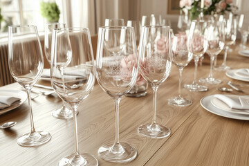 Served wedding dinner with white tableware and glass goblets in restaurant