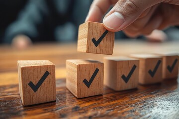 Quality Compliance Management Checklist Evaluation ISO Certification Approval Process with Wooden Cubes and Checkmarks