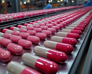 Obraz premium Capsules on conveyor belt in clean factory setting