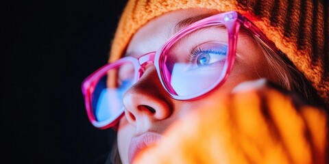 Digital Native Gen Z Immersive Screen Experience Vibrant Neon Glasses Reflecting Hyperconnected Youth Culture and Technological Engagement