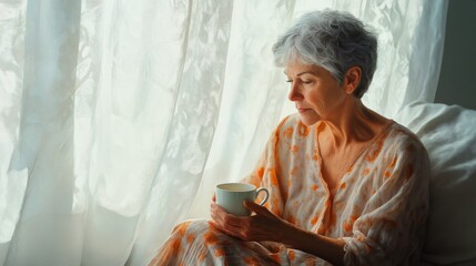 Mature woman sitting with coffee looking out window with sheer curtains indoors