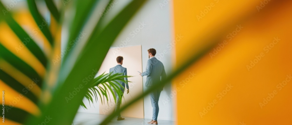 Poster Hybrid Workspace Collaboration Minimalist Business Professionals Networking in Vibrant Biophilic Environment - Innovative Professional Connection Strategies