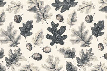 A patterned design featuring various oak leaves and acorns in muted tones against a light background.
