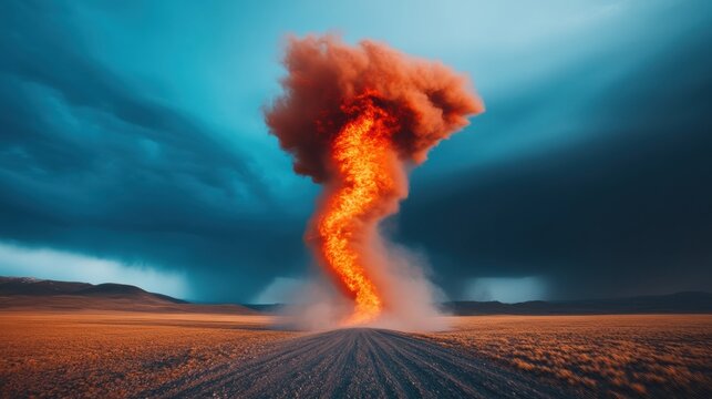 Apocalyptic Climate Crisis Visualization Dramatic Fire Tornado Illuminating Desolate Landscape - Immersive Environmental Documentary and Climate Change Storytelling