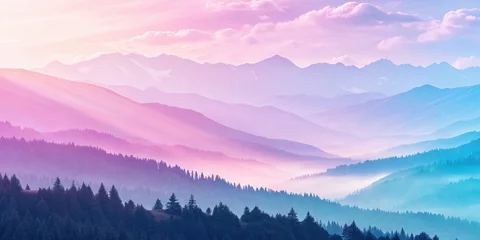 Gordijnen Layers of pastel mountains and forests create a serene and dreamy landscape at sunrise. © misu