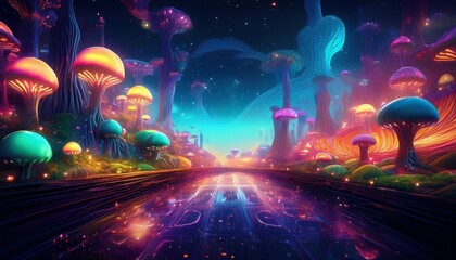 Obraz premium A surreal dreamscape where all objects glow with their own unique aura, blending colors in mesmerizing patterns, creating an ethereal, vibrant atmosphere full of otherworldly energy. 