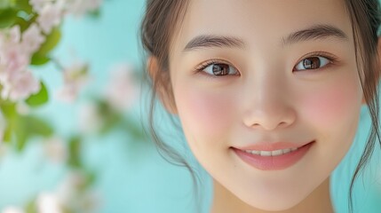 Young 25s Asian woman looking at camera. woman, face, beauty, smile, smiling, person, people, eyes, child, hair, model, brunette, teenager, closeup, lips, teen, one, fashion, expression, looking