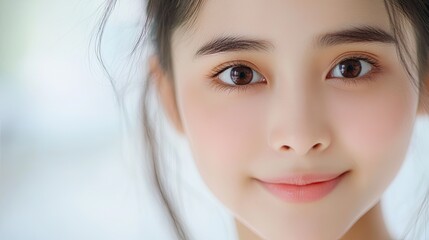 Young 25s Asian woman looking at camera with friendly and confident smile, cropped face view. Portrait of Chinese female with attractive appearance, clear skin posing for cam. Wellness, natural beauty