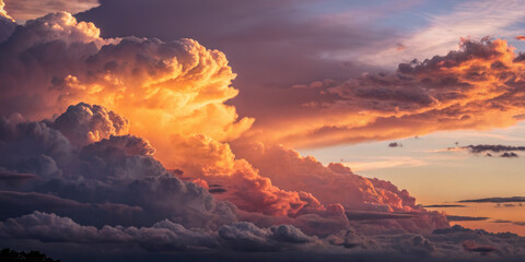 Magnificent fluffy clouds are illuminated by the setting sun, creating a dramatic and colorful sky.