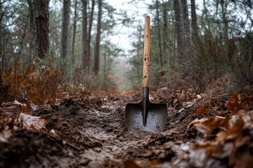 Obraz premium A muddy shovel stands in a forest trail. Ideal for concepts of hard work, nature, and outdoor projects.