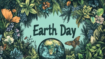 Vibrant Earth Day Celebration with Greenery, Flowers, and Butterfly Surrounding the Planet in Colorful Design