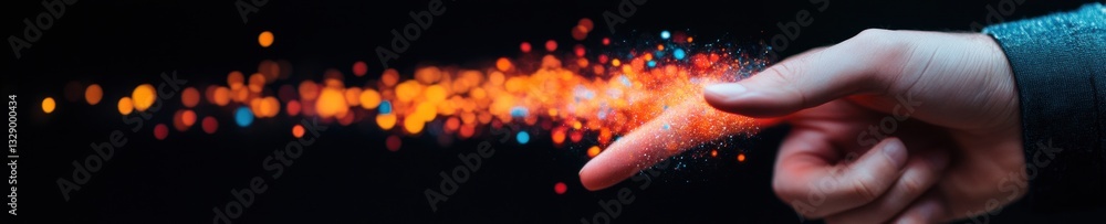 Poster Quantum Interaction Visualization Futuristic Digital Connection Exploring Human-Tech Symbiosis with Glowing Particle Interface and Immersive Interaction Design