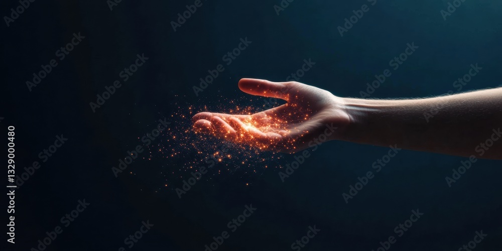 Poster futuristic digital transformation ethereal hand emerging with glowing quantum particles - innovative