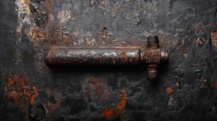 Rusty metal hinge on dark, textured surface.