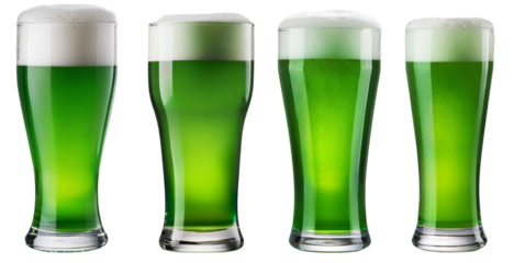 Four glasses of vibrant green beverage, perfect for festive celebrations.
