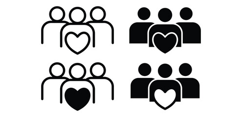Community Group with Heart Symbol Icons Black and White Color Vector Design Illustration