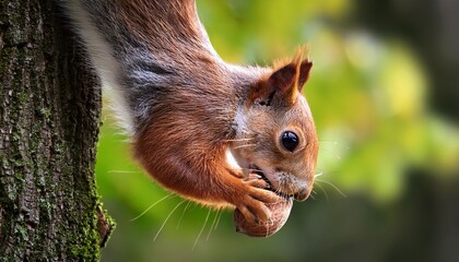 A squirrel with messy fur, hanging upside down from a branch, nibbling on a nut, surrounded by leaves and soft sunlight, in a playful and natural woodland setting.
