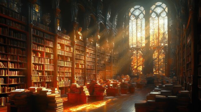 Majestic Old Library Interior Sunlight Books Gothic Windows Cozy Ambiance