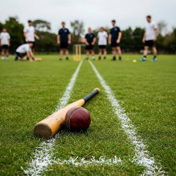 A rounders bat and ball lying on the grass beside a white chalk boundary line, players in background, sports activity, competitive sport, sports scene, outdoor activity, summer games, 