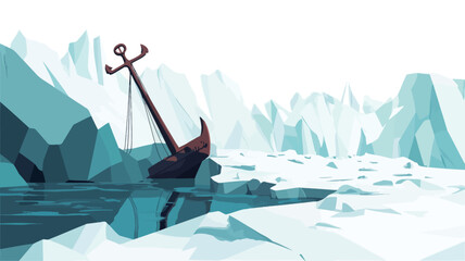 A digital illustration depicting a low-poly style scene. The image features a dark-colored anchor partially submerged in icy water, surrounded by polygonal icebergs and a frozen landscape.  The