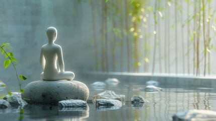 Zen and Meditation: A figure of calm surrounded by Zen symbols like bamboo, rocks, and flowing water, illustrating a peaceful and meditative state of mind.
