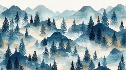 A serene watercolor landscape featuring layered mountains and evergreen trees, creating a tranquil and dreamy atmosphere.