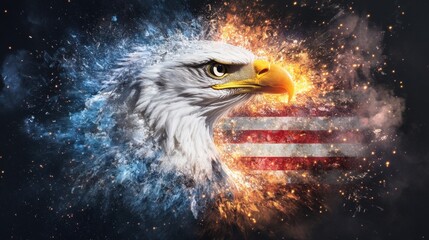 A majestic eagle gazes powerfully, symbolizing strength and freedom, as vibrant colors blend with the American flag. The image captures the essence of hunting and nature in America.