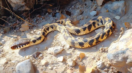 Naklejka premium Small Water Snake Camouflaged on Rocky Surface in Nature