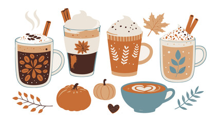 cozy flat style illustration of various autumn themed coffee drinks, featuring mugs with decorative designs, surrounded by pumpkins, leaves, and cinnamon sticks
