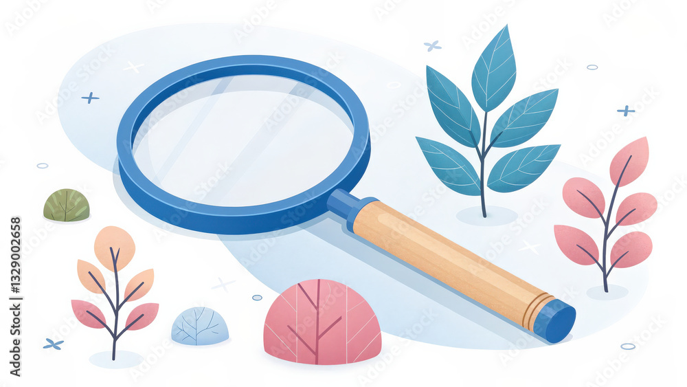Aufkleber 3D rendered minimal style magnifying glass with wooden handle is surrounded by colorful abstract leaves, creating whimsical and modern design