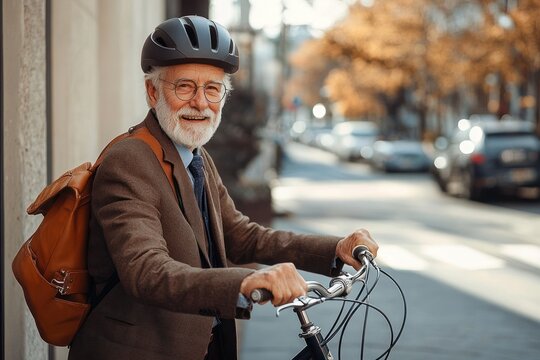 Senior businessman with bicycle on shoulder looking confidently towards office city commuting