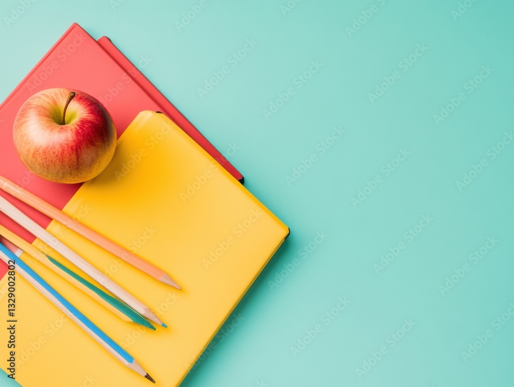 Poster vibrant learning essentials minimalist color-pop study setup with fresh apple and ergonomic colored 