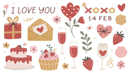 Valentine Day illustration with hearts, gifts, and desserts, expressing love and celebration