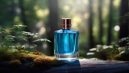 Elegant Blank Perfume Bottle Mockup with Blue Liquid in a Cool Temperature. Perfume with Forest Background and Natural Daylight.