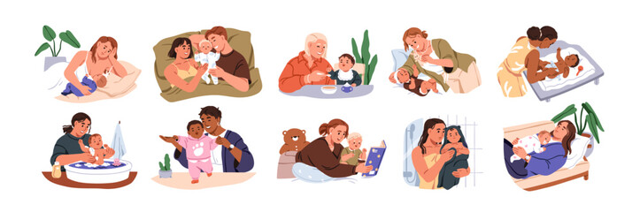 Mother and newborn baby, set. Child care, motherhood, maternity concept. Mom and kid life, feeding, bathing and playing. Family with infant. Flat vector illustrations isolated on white background