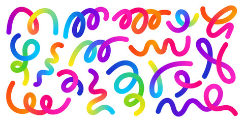 Vibrant rainbow streamers and colorful confetti. Festive serpentine for parties, celebrations, and carnival decorations. Bright 3D swirling ribbons on a white background.