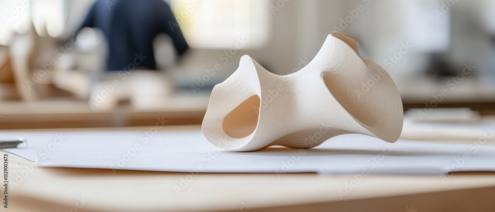 Poster Minimalist Architectural Design Process Organic Ceramic Prototype on Drafting Table - Innovative Professional Workspace Exploring Parametric Form and Creative Problem-Solving