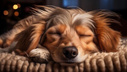 Fototapeta premium A sleepy dog with tousled fur, lying on a soft rug, eyes closed in peaceful slumber, radiating tranquility and comfort. 