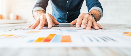 Minimalist Business Analytics Dynamic Performance Insights with Digital Tablet - Gen Z Professional Navigating Data-Driven Workplace Trends in Modern Collaborative Environment