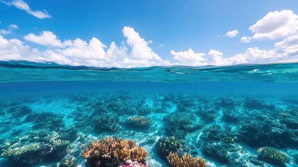 Obraz premium Stunning split-level view of vibrant coral reef under crystal-clear turquoise ocean water against a bright blue sky with fluffy white clouds.