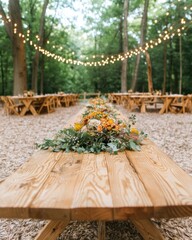Obraz premium Enchanting Forest Wedding Tablescape Rustic Woodland Micro-Event Design with Golden String Lights and Natural Organic Floral Centerpiece - Sustainable Celebration Aesthetic
