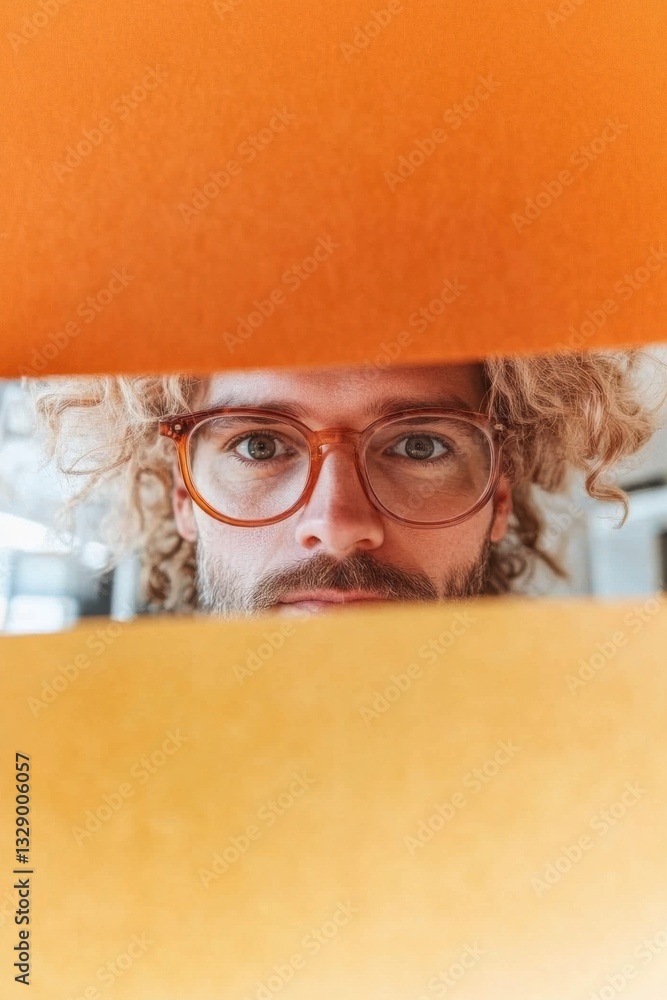 Poster minimalist genz creativity playful workspace aesthetic with curly-haired professional peeking throug