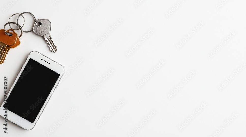 Poster minimalist smart home tech sleek white smartphone and modern keys showcasing digital property manage