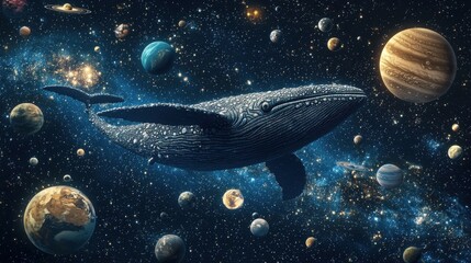 Fototapeta premium A cosmic whale glides through a starry space, surrounded by planets and celestial bodies, blending marine life with the vast universe.