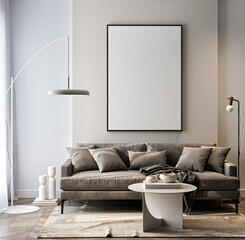 Frame mockup, ISO A paper size. Living room wall poster mockup. Interior mockup with house background. Modern interior design. 3D render
