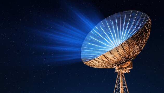 Futuristic satellite dish transmitting glowing blue signal waves against a dark night sky, symbolizing advanced space communication