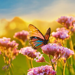 Naklejka premium butterfly on flower background, Monarch butterflies in autumn blooming asters. 